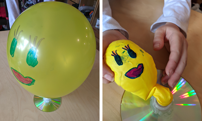 Two images showing hovercraft balloon inflated and deflated