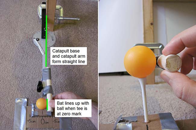 A ping pong ball is placed inline with a catapult so it will be hit when the catapult is fully extended