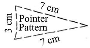 Template for a pointer in the shape of an isosceles triangle with side lengths of 7, 7 and 3 centimeters