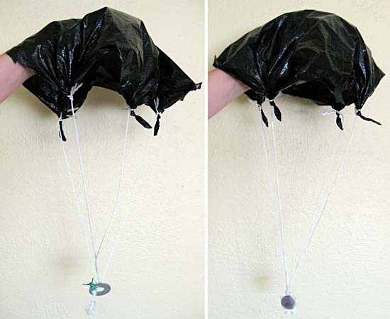 Photos of two parachutes made of string and a black plastic bag