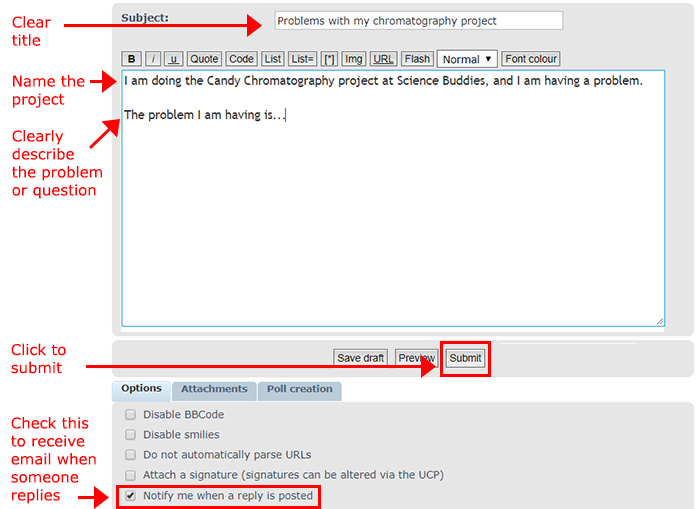 Cropped screenshot of a new topic post creator in the Ask an Expert forum on ScienceBuddies.org