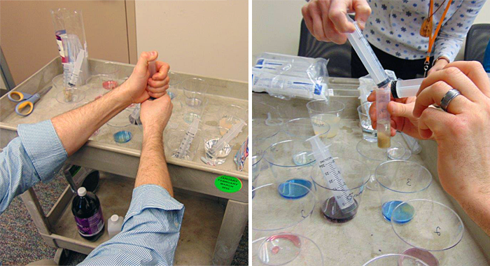 Two photos of a plunger inserted into a syringe filled with liquid