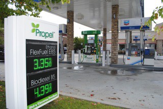Photo of FlexFuel and Biodiesel being offered at a Chevron gas station in California