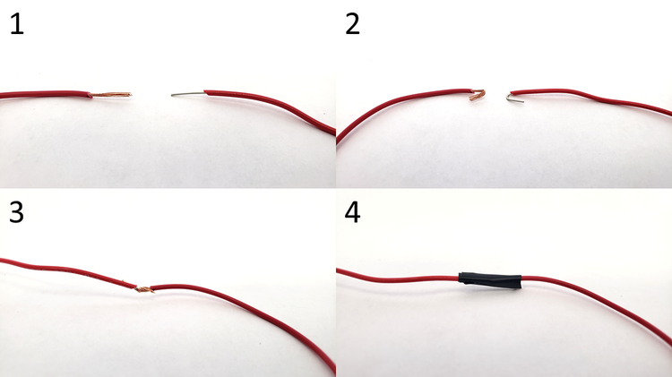 Four pictures showing how to connect a stranded wire to a solid wire. 1. Strip the ends of the wires. 2. Bend the wires into hook shapes. 3. Twist and crimp the wires together. 4. Wrap with electrical tape.  