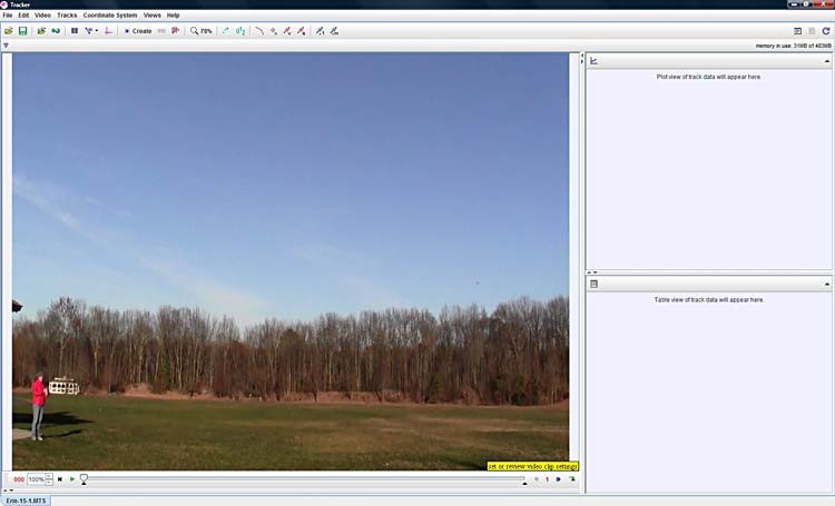 Screenshot of a video loaded into the program Tracker Video Analysis and Modeling Tool