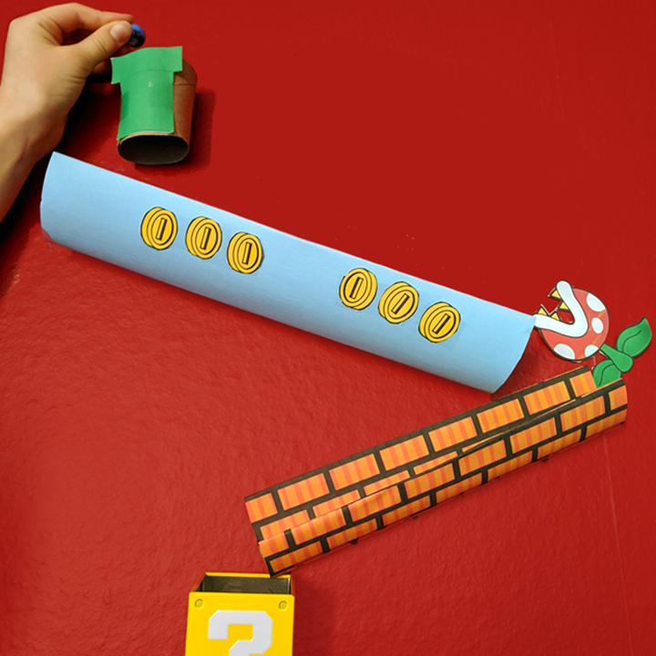 Wall marble run with a Mario game theme