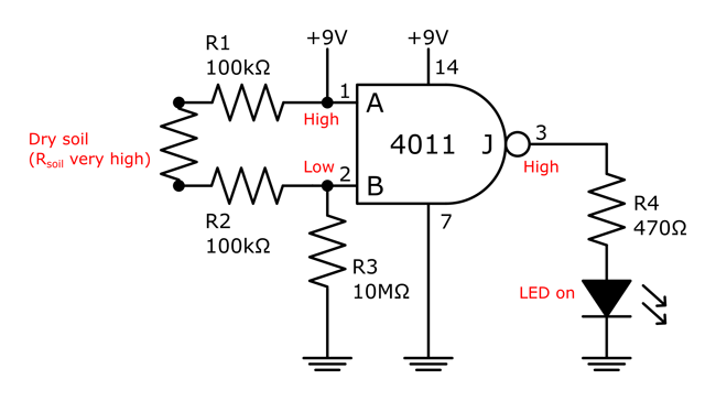 Circuit diagram for a soil moisture sensor with an LED indicator for dry soil