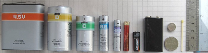 Batteries of various power and sizes laid side-by-side