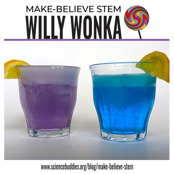 Two cups of fizzy lemonade, one purple and one blue - part of Willy Wonka-inspired Make-Believe STEM Science Experiments