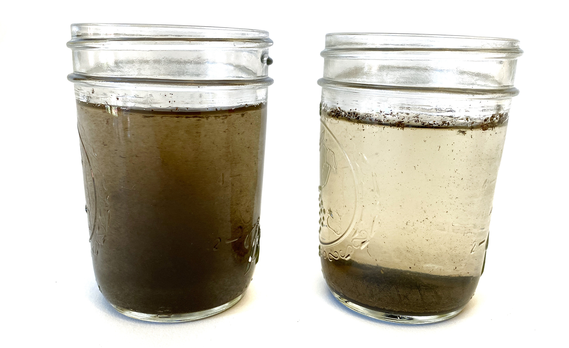 Jars of dark turbid water for flocculation experiment