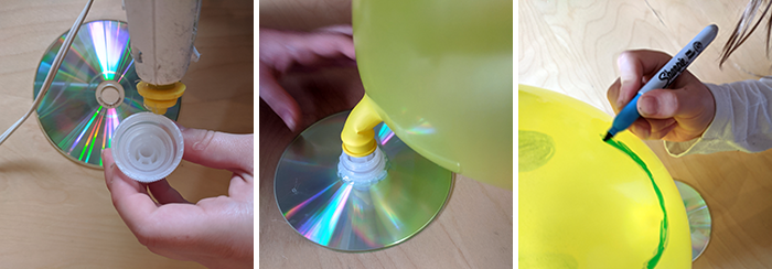 Three images showing hovercraft assembly of attaching plastic lid to balloon and decorating balloon