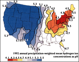 Map of the continental United States color coded to show average acidity of rainfall across the country