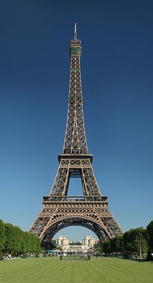 the Eiffel tower, a tall tower made from trusses that is wider at the base than at the top