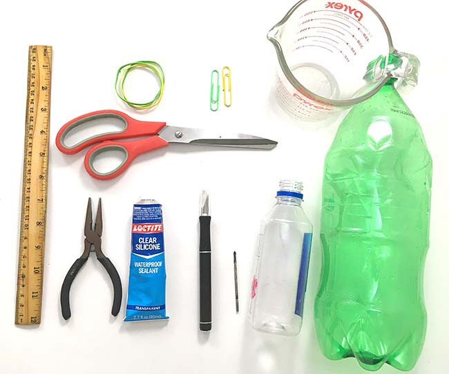 A display of most materials needed for the 'Bottled-up Buoyancy' science project.