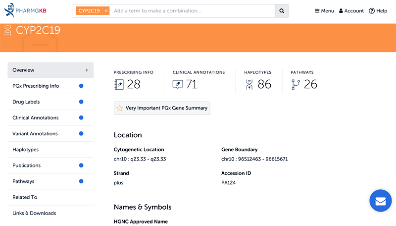 Overview of the gene CYP2C19 shows its location and a sidebar navigation for more information