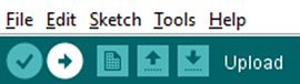Where upload button is located on the top bar of the Arduino IDE 