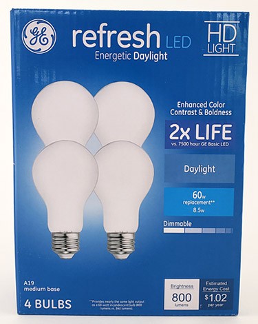 Photo of a four-pack of LED light bulbs