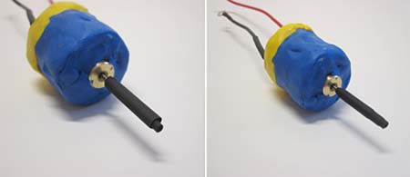 Two photos of many layers of heat shrink tubing around the shaft of a DC motor