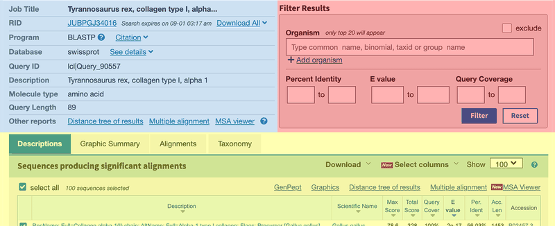 Screenshot of search results for a BLAST query on the website ncbi.nlm.nih.gov