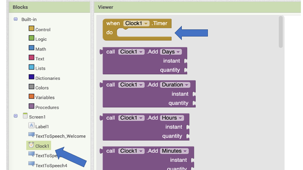 Clock component in block mode in the MIT app inventor