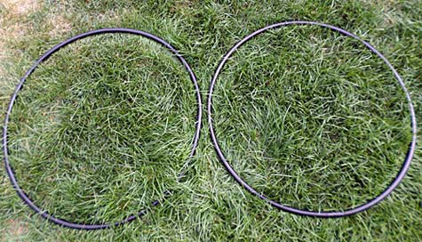 Two hula hoops lying side by side on the grass