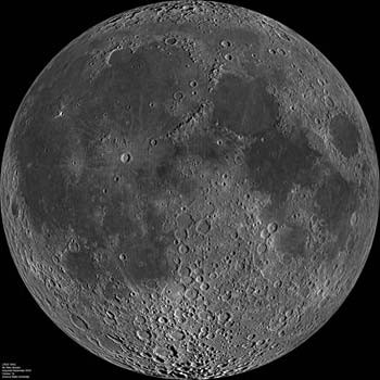 A wide angle image of the moon reveals many circular depressions and craters