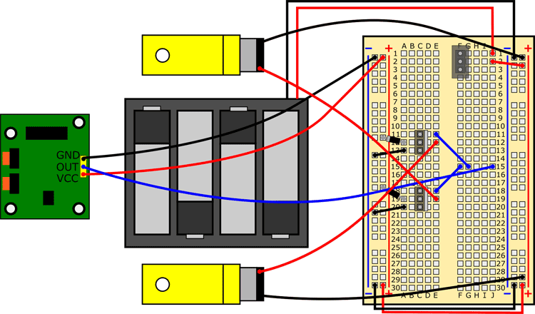 Breadboard diagram shows two motors, a battery pack and a passive infrared sensor wired to a guard robot circuit