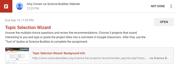 Cropped screenshot of a link to Science Buddies Topic Selection Wizard in a Google Classroom assignment