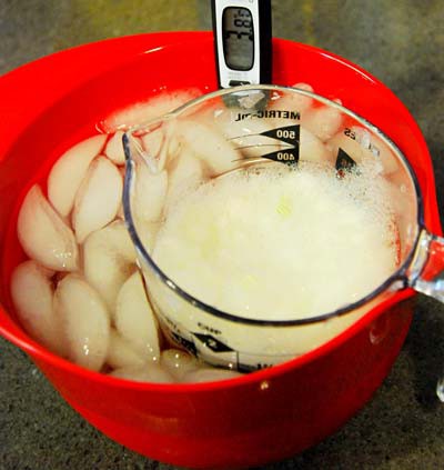 A measuring cup filled with a chopped onion solution floats in a bowl of ice water