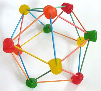 A geodesic dome made using toothpicks and gumdrops viewed from the side