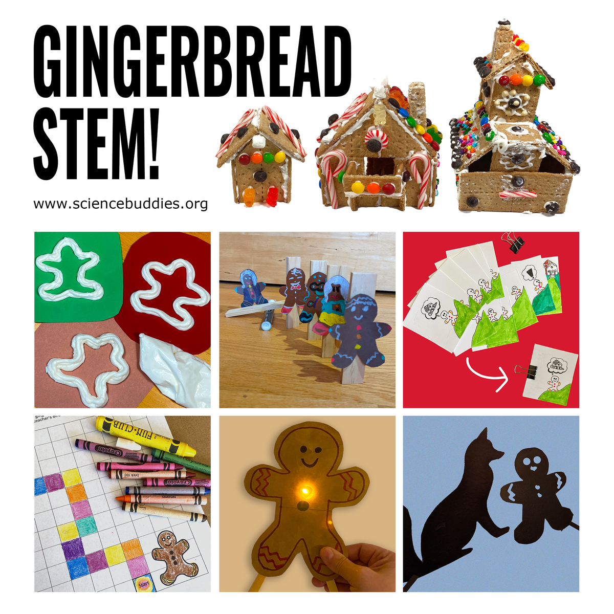 Educator's Corner Gingerbread STEM Experiments including gingerbread house building, gingerbread people as a 3D printing experiment with icing, light-up gingerbread people, a gingerbread-themed flipbook, and a gingerbread rube goldberg machine