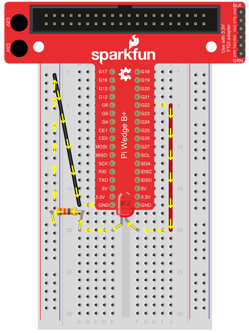 Breadboard diagram of a Pi Wedge connected to a breadboard