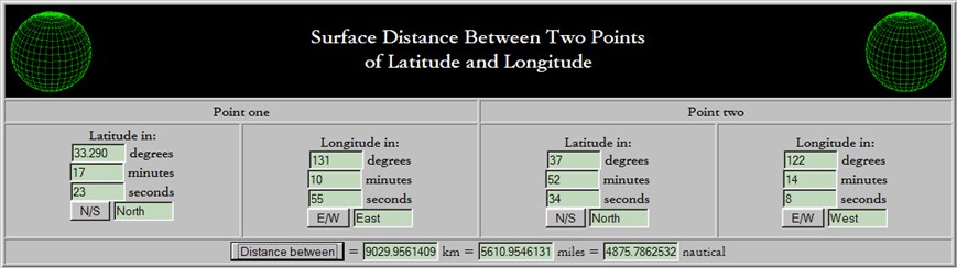Screenshot of a webpage used to calculate the distance between two coordinate points on the website chemical-ecology.net