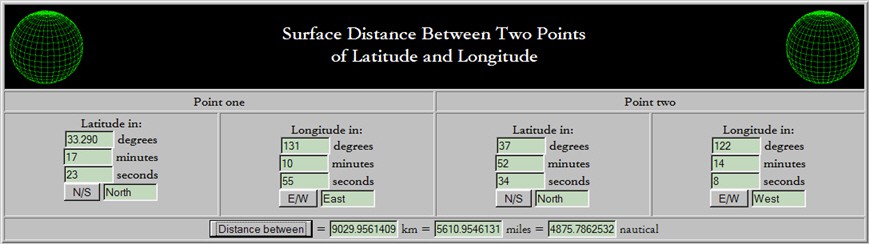 Screenshot of a webpage used to calculate the distance between two coordinate points on the website chemical-ecology.net
