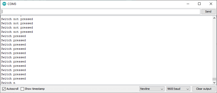 Arduino serial monitor displaying 'switch not pressed' and 'switch pressed' text