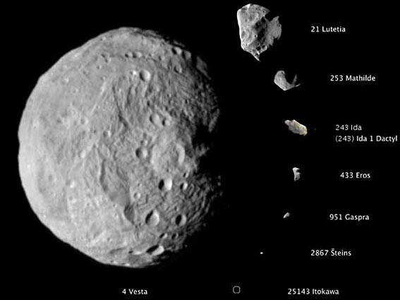 Photo of eight asteroids of different sizes