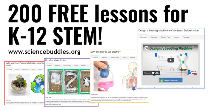 Thumbnails from four lessons, including model lung, seeding machine, model waterways, and mushroom environmental project - 4 of 200+ free STEM lessons available at Science Buddies