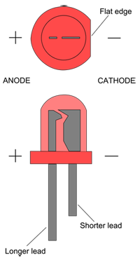 Drawn diagram of an LED with a long anode and shorter cathode on the side with a flat edge