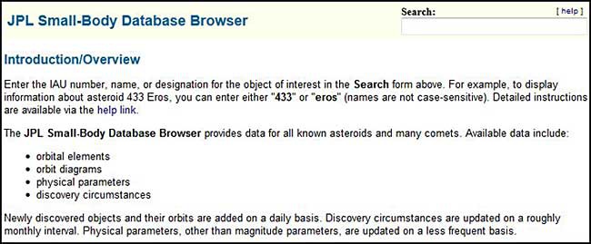 A description of the JPL Small-Body Database Browser with the ability to search in the upper right