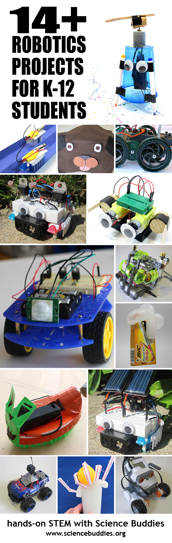 Photo collage of fourteen different types of robotics projects