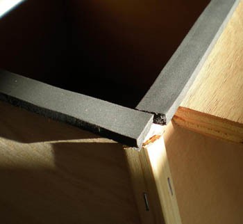 Rubber gaskets completely cover a corner of a wooden box