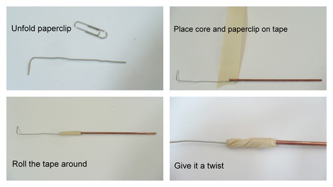 Four photos show a straightened paperclip taped to the end of an iron core