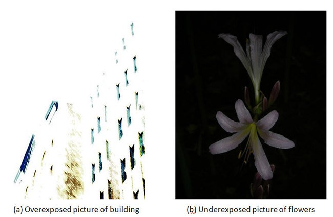 An overexposed image is almost all white next to an underexposed image that is almost all black