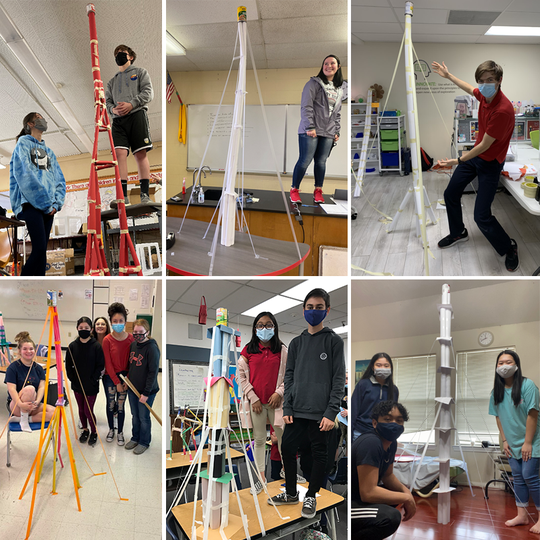 A collage of a students and some of the very tall paper towers they built during the 2021 Engineering Challenge.