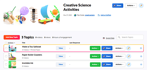 A FlipGrid grid example with three topics added for students to respond to