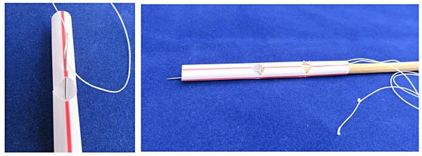 A needle is used to insert string into the wall of a straw just above a pre-cut notch