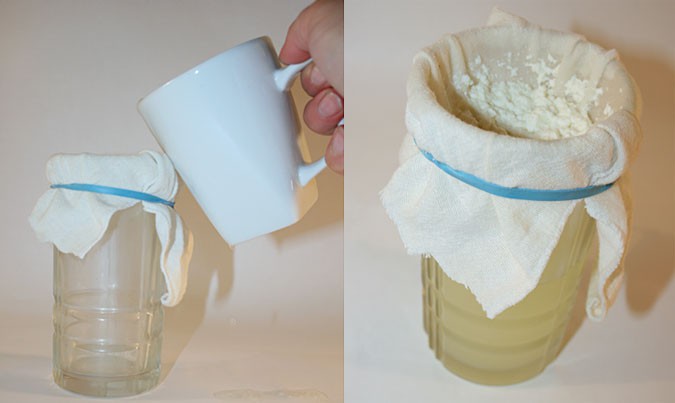 A cheesecloth secured over a glass jar with a rubber band filters curds from whey