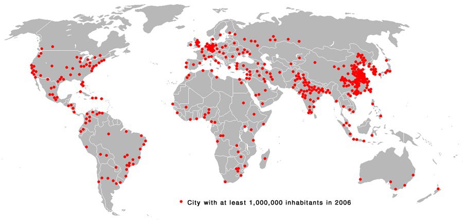 Map of the world overlaid with red dots which represent cities that have a population of over one million people