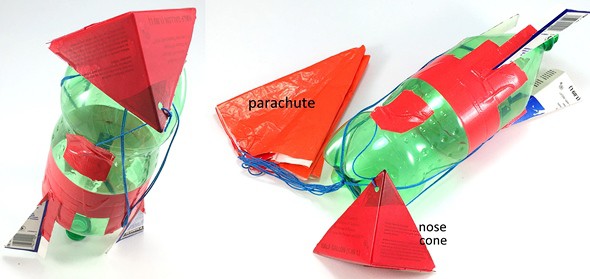 Bottle rocket with a triangular pyramid as a nose cone. A second picture shows that the nose cone is attached with a string to the side of the bottle rocket. A parachute is attached to the center of the rocket top, a place that gets covered by the nose cone 