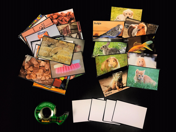 Two piles of cards with images used for role playing game about shopping for items an animal or pet needs